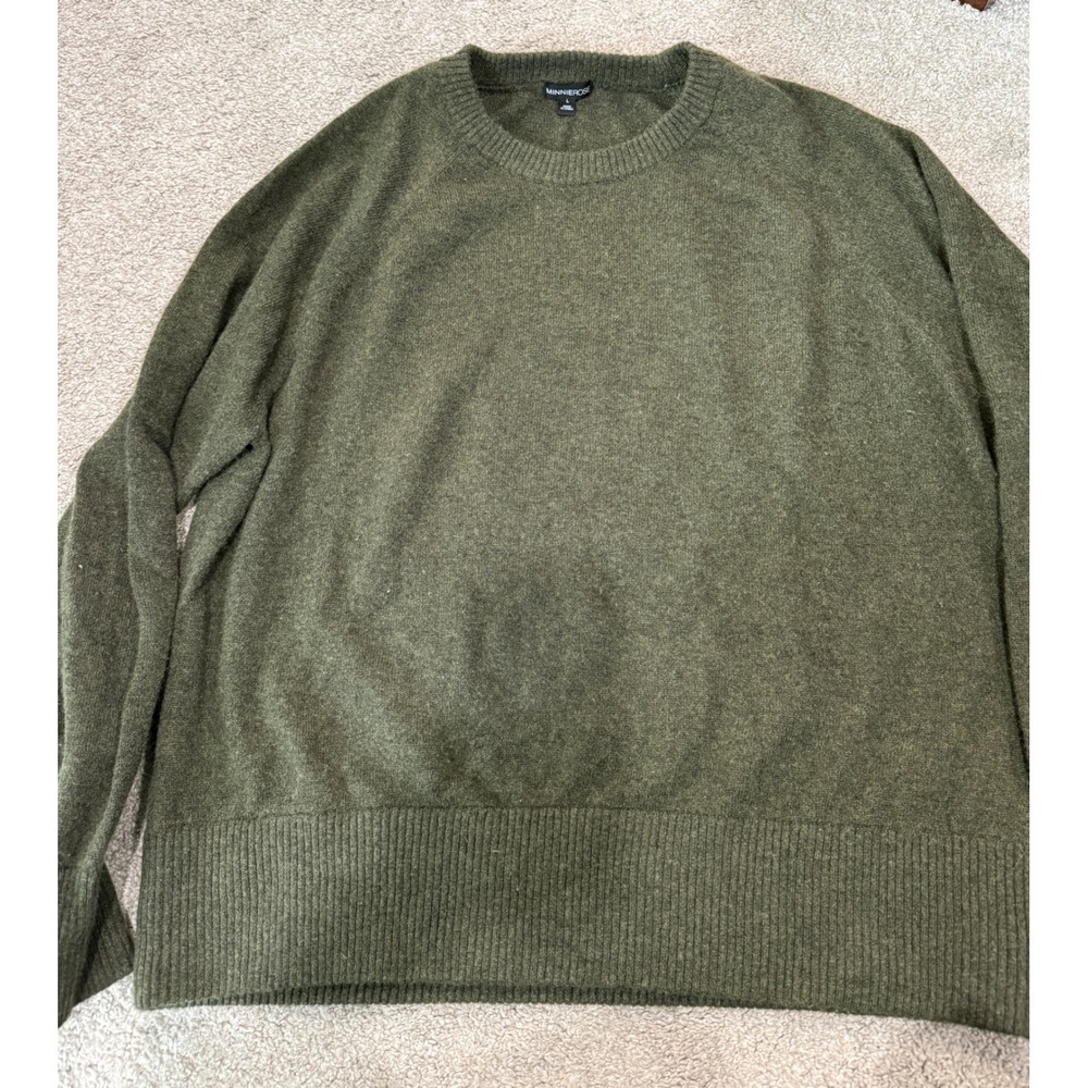 Minnie‎ Rose Olive Green 100% Cashmere Crewneck Sweater Large 8336 Relaxed Knit
